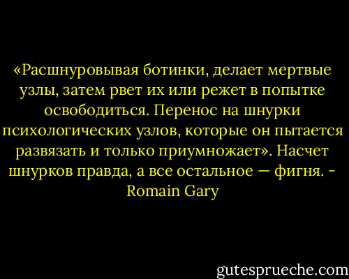 «Расшнуровывая ботинки, делает мертвые узлы, затем рвет их или режет в попытке освободиться. Перенос на шнурки психологических узлов, которые он пытается развязать и только приумножает».<br />Насчет шнурков правда, а все остальное — фигня. - Romain Gary