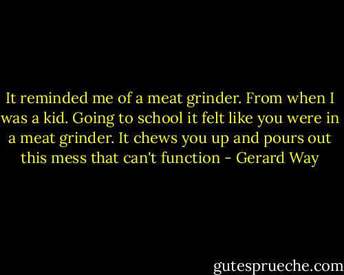 It reminded me of a meat grinder. From when I was a kid. Going to school it felt like you were in a meat grinder. It chews you up and pours out this mess that can't function - Gerard Way