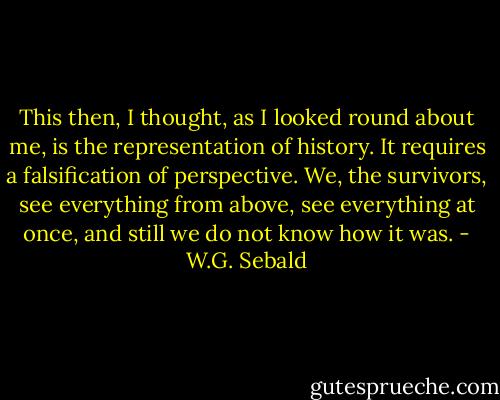 This then, I thought, as I looked round about me, is the representation of history. It requires a falsification of perspective. We, the survivors, see everything from above, see everything at once, and still we do not know how it was. - W.G. Sebald