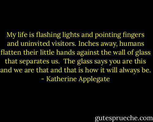 My life is flashing lights and pointing fingers and uninvited visitors. Inches away, humans flatten their little hands against the wall of glass that separates us.<br /><br />The glass says you are this and we are that and that is how it will always be. - Katherine Applegate