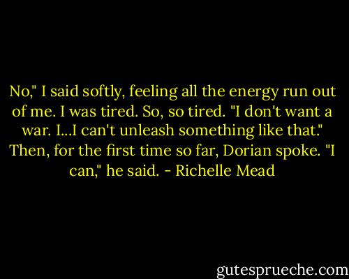 No," I said softly, feeling all the energy run out of me. I was tired. So, so tired. "I don't want a war. I...I can't unleash something like that."<br />Then, for the first time so far, Dorian spoke.<br />"I can," he said. - Richelle Mead