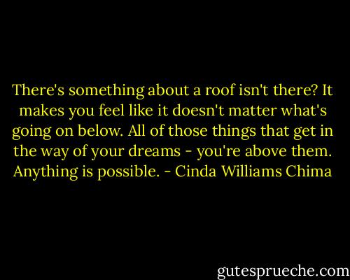 There's something about a roof isn't there? It makes you feel like it doesn't matter what's going on below. All of those things that get in the way of your dreams - you're above them. Anything is possible. - Cinda Williams Chima