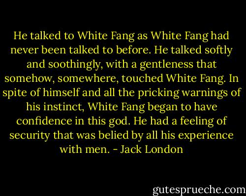 He talked to White Fang as White Fang had never been talked to before. He talked softly and soothingly, with a gentleness that somehow, somewhere, touched White Fang. In spite of himself and all the pricking warnings of his instinct, White Fang began to have confidence in this god. He had a feeling of security that was belied by all his experience with men. - Jack London