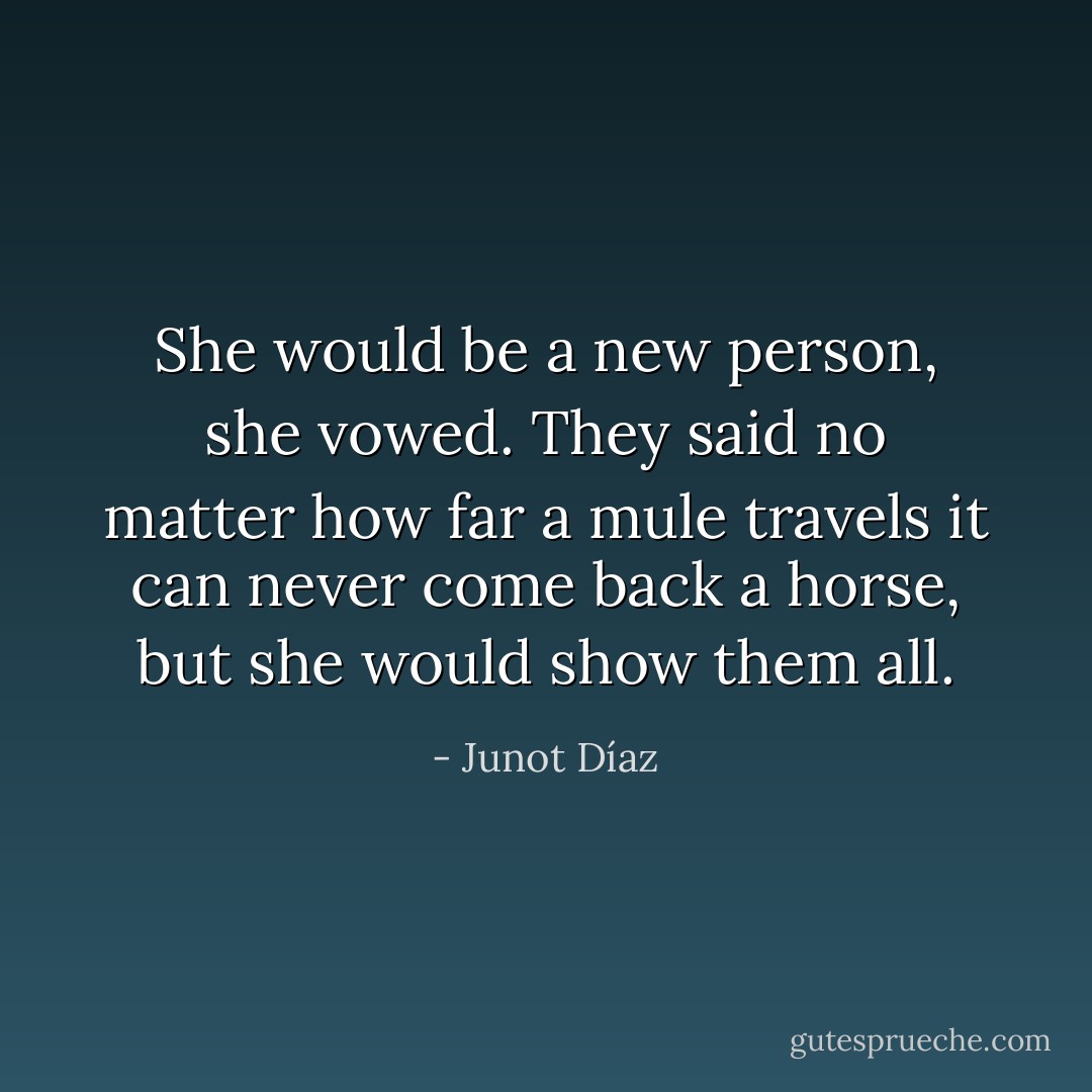 She would be a new person, she vowed. They said no matter how far a mule travels it can never come back a horse, but she would show them all. - Junot Díaz