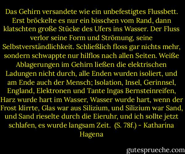 Das Gehirn versandete wie ein unbefestigtes Flussbett. Erst bröckelte es nur ein bisschen vom Rand, dann klatschten große Stücke des Ufers ins Wasser. Der Fluss verlor seine Form und Strömung, seine Selbstverständlichkeit. Schließlich floss gar nichts mehr, sondern schwappte nur hilflos nach allen Seiten. Weiße Ablagerungen im Gehirn ließen die elektrischen Ladungen nicht durch, alle Enden wurden isoliert, und am Ende auch der Mensch; Isolation, Insel, Gerinnsel, England, Elektronen und Tante Ingas Bernsteinreifen, Harz wurde hart im Wasser, Wasser wurde hart, wenn der Frost klirrte, Glas war aus Silizium, und Silizium war Sand, und Sand rieselte durch die Eieruhr, und ich sollte jetzt schlafen, es wurde langsam Zeit. <br />(S. 78f.) - Katharina Hagena