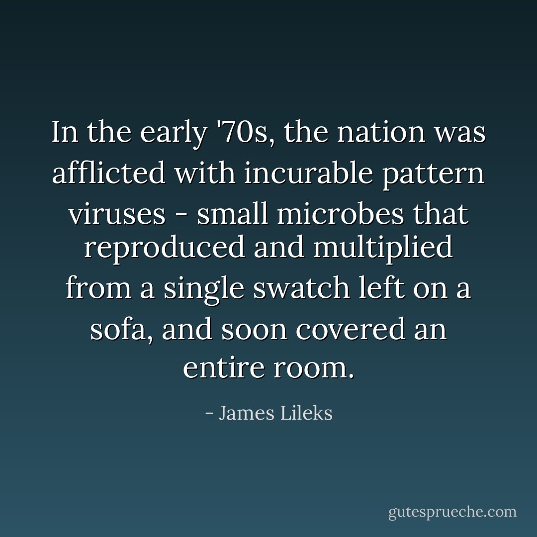 In the early '70s, the nation was afflicted with incurable pattern viruses - small microbes that reproduced and multiplied from a single swatch left on a sofa, and soon covered an entire room. - James Lileks