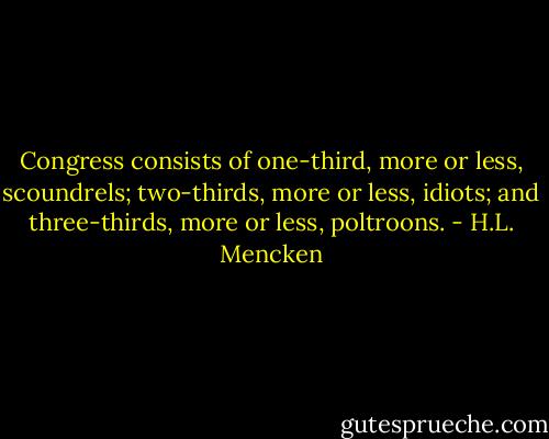 Congress consists of one-third, more or less, scoundrels; two-thirds, more or less, idiots; and three-thirds, more or less, poltroons. - H.L. Mencken