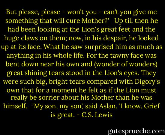 But please, please - won't you - can't you give me something that will cure Mother?' <br /><br />Up till then he had been looking at the Lion's great feet and the huge claws on them; now, in his despair, he looked up at its face. What he saw surprised him as much as anything in his whole life. For the tawny face was bent down near his own and (wonder of wonders) great shining tears stood in the Lion's eyes. They were such big, bright tears compared with Digory's own that for a moment he felt as if the Lion must really be sorrier about his Mother than he was himself. <br /><br />'My son, my son,' said Aslan. 'I know. Grief is great. - C.S. Lewis