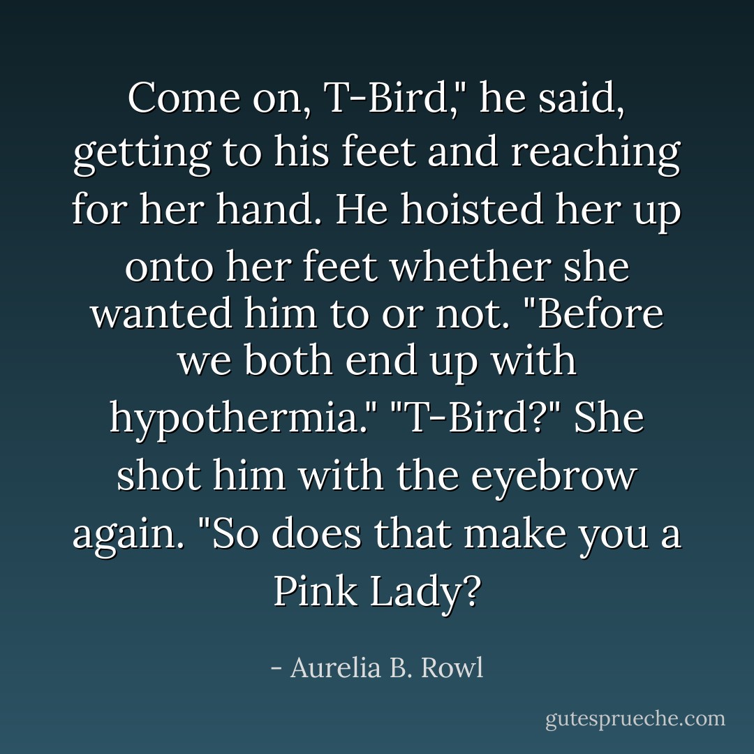 Come on, T-Bird," he said, getting to his feet and reaching for her hand. He hoisted her up onto her feet whether she wanted him to or not. "Before we both end up with hypothermia."<br />"T-Bird?" She shot him with the eyebrow again. "So does that make you a Pink Lady? - Aurelia B. Rowl