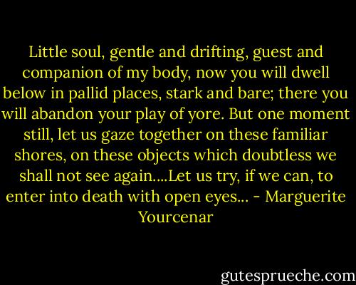 Little soul, gentle and drifting, guest and companion of my body, now you will dwell below in pallid places, stark and bare; there you will abandon your play of yore. But one moment still, let us gaze together on these familiar shores, on these objects which doubtless we shall not see again....Let us try, if we can, to enter into death with open eyes... - Marguerite Yourcenar