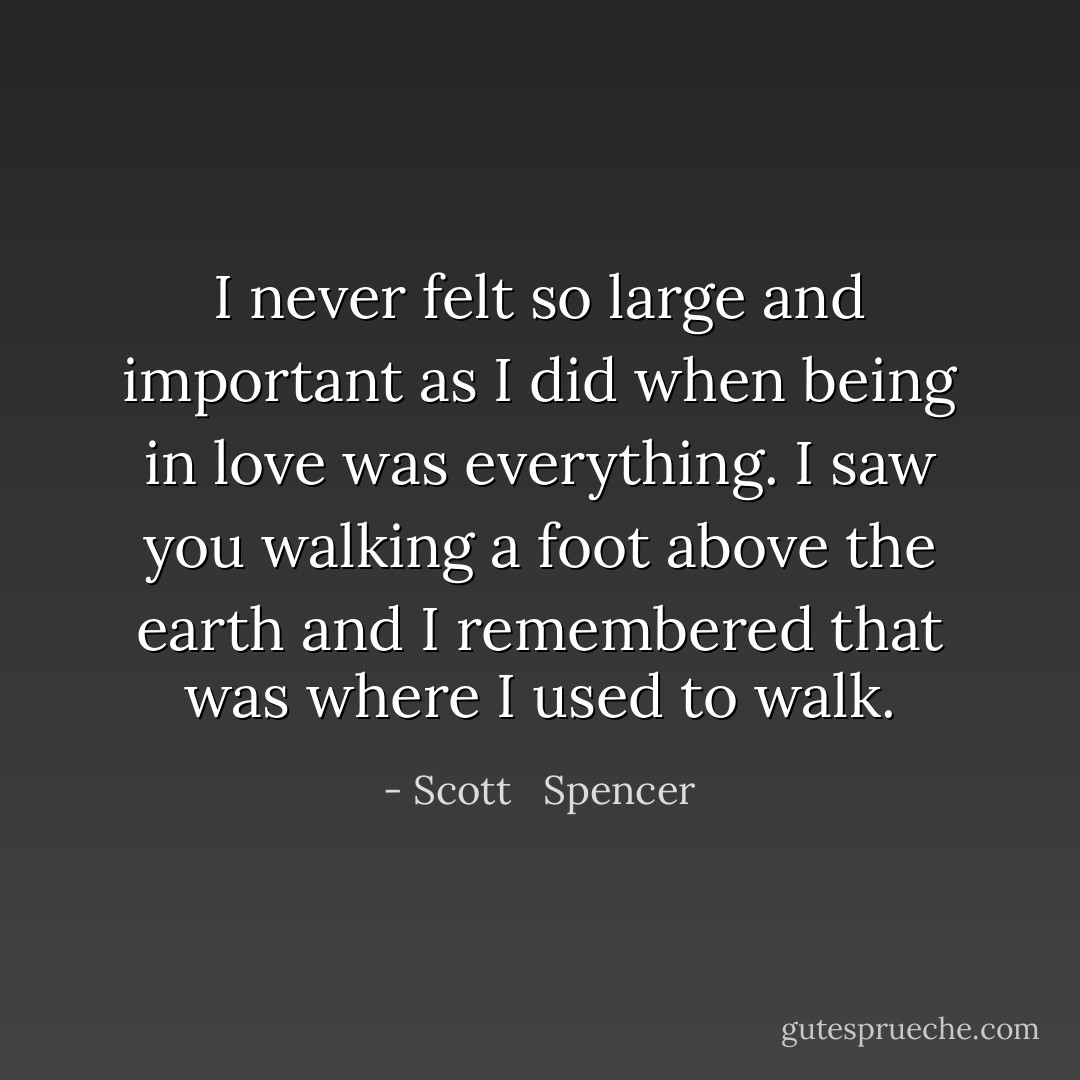 I never felt so large and important as I did when being in love was everything. I saw you walking a foot above the earth and I remembered that was where I used to walk. - Scott   Spencer