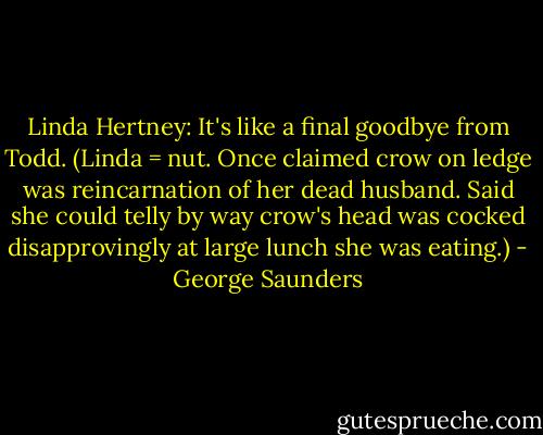 Linda Hertney: It's like a final goodbye from Todd. (Linda = nut. Once claimed crow on ledge was reincarnation of her dead husband. Said she could telly by way crow's head was cocked disapprovingly at large lunch she was eating.) - George Saunders