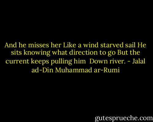 And he misses her<br />Like a wind starved sail<br />He sits knowing what direction to go<br />But the current keeps pulling him <br />Down river. - Jalal ad-Din Muhammad ar-Rumi