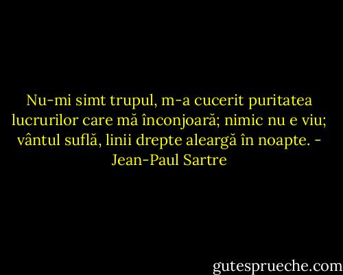 Nu-mi simt trupul, m-a cucerit puritatea lucrurilor care mă înconjoară; nimic nu e viu; vântul suflă, linii drepte aleargă în noapte. - Jean-Paul Sartre