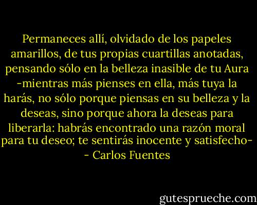 Permaneces allí, olvidado de los papeles amarillos, de tus propias cuartillas anotadas, pensando sólo en la belleza inasible de tu Aura -mientras más pienses en ella, más tuya la harás, no sólo porque piensas en su belleza y la deseas, sino porque ahora la deseas para liberarla: habrás encontrado una razón moral para tu deseo; te sentirás inocente y satisfecho- - Carlos Fuentes