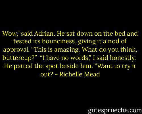 Wow,” said Adrian. He sat down on the bed and tested its bounciness, giving it a nod of approval. “This is amazing. What do you think, buttercup?”<br /><br />“I have no words,” I said honestly.<br /><br />He patted the spot beside him. “Want to try it out? - Richelle Mead