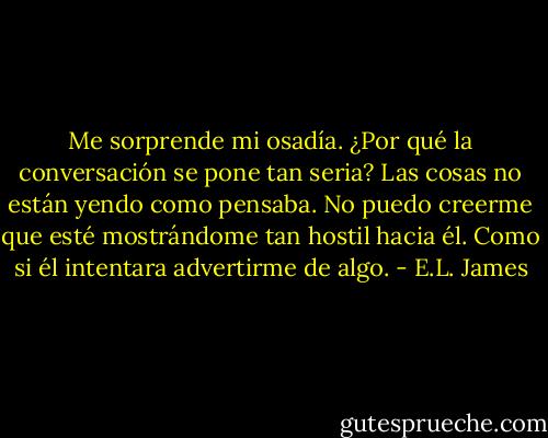 Me sorprende mi osadía. ¿Por qué la conversación se pone tan seria? Las cosas no están yendo como pensaba. No puedo creerme que esté mostrándome tan hostil hacia él. Como si él intentara advertirme de algo. - E.L. James