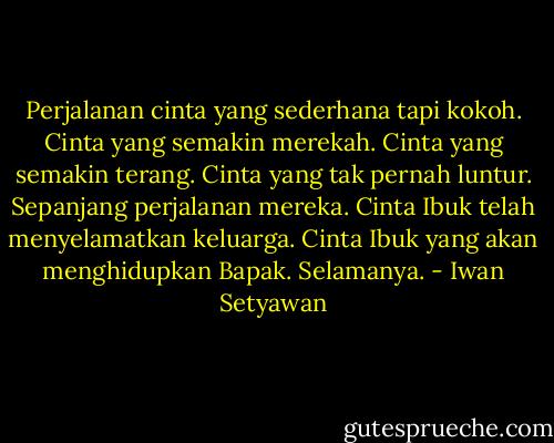 Perjalanan cinta yang sederhana tapi kokoh. Cinta yang semakin merekah. Cinta yang semakin terang. Cinta yang tak pernah luntur. Sepanjang perjalanan mereka.<br />Cinta Ibuk telah menyelamatkan keluarga.<br />Cinta Ibuk yang akan menghidupkan Bapak. Selamanya. - Iwan Setyawan