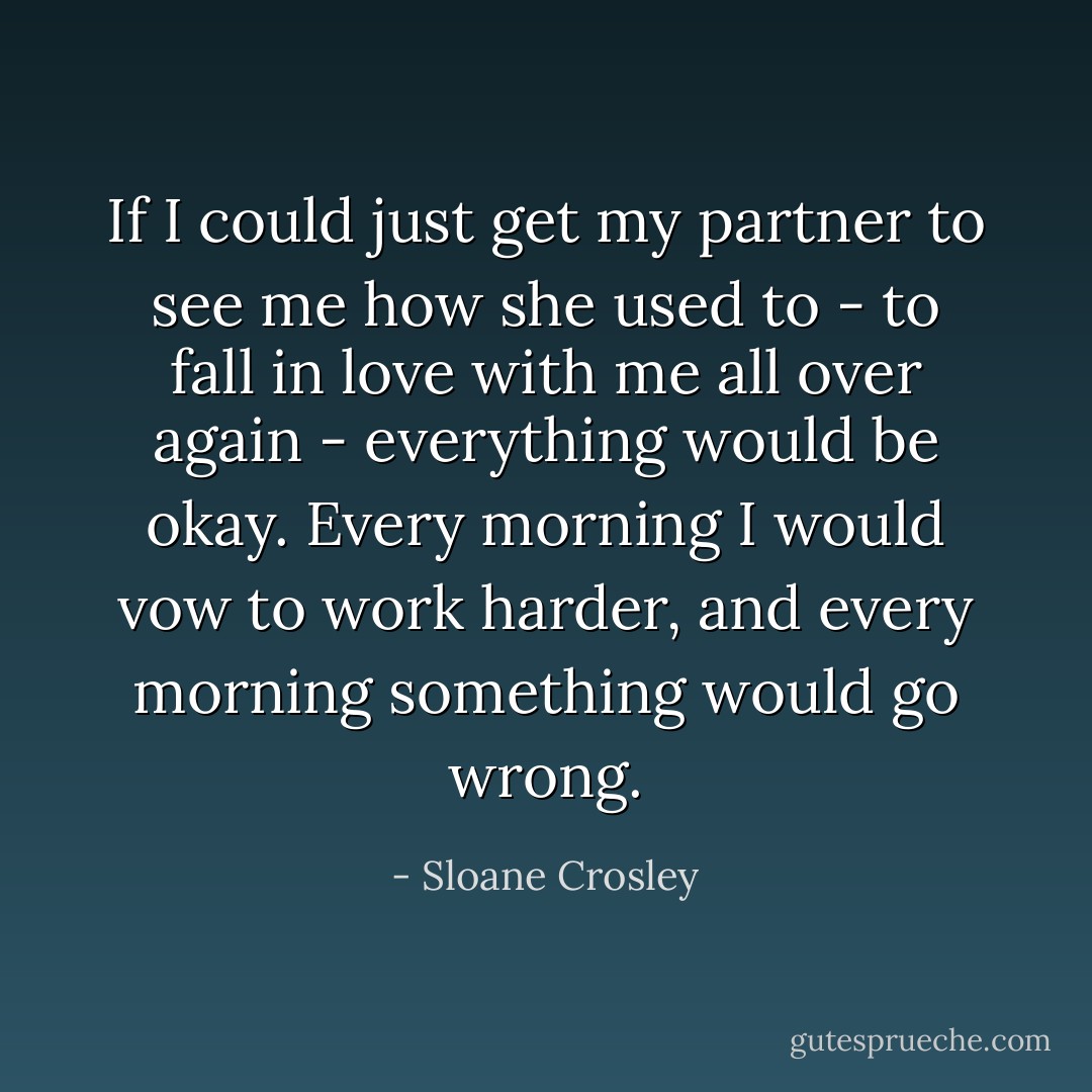 If I could just get my partner to see me how she used to - to fall in love with me all over again - everything would be okay. Every morning I would vow to work harder, and every morning something would go wrong. - Sloane Crosley
