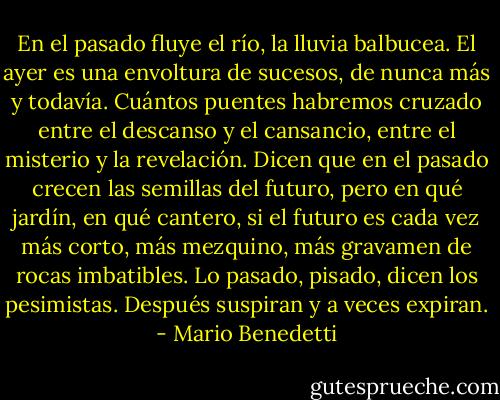 En el pasado fluye el río, la lluvia balbucea. El ayer es una envoltura de sucesos, de nunca más y todavía. Cuántos puentes habremos cruzado entre el descanso y el cansancio, entre el misterio y la revelación. Dicen que en el pasado crecen las semillas del futuro, pero en qué jardín, en qué cantero, si el futuro es cada vez más corto, más mezquino, más gravamen de rocas imbatibles. Lo pasado, pisado, dicen los pesimistas. Después suspiran y a veces expiran. - Mario Benedetti