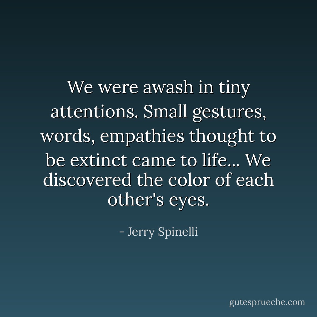 We were awash in tiny attentions. Small gestures, words, empathies thought to be extinct came to life... We discovered the color of each other's eyes. - Jerry Spinelli