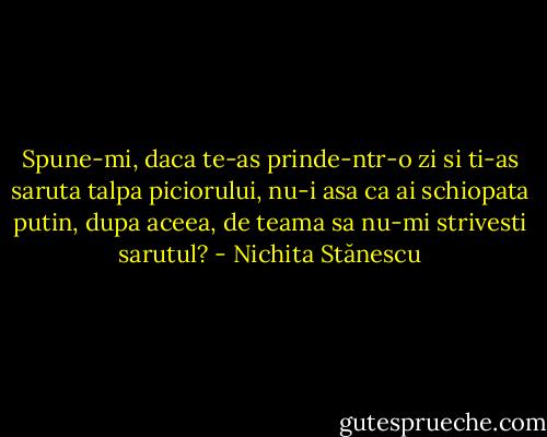 Spune-mi, daca te-as prinde-ntr-o zi<br />si ti-as saruta talpa piciorului,<br />nu-i asa ca ai schiopata putin, dupa aceea,<br />de teama sa nu-mi strivesti sarutul? - Nichita Stănescu