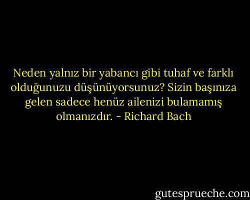 Neden yalnız bir yabancı gibi tuhaf ve farklı olduğunuzu düşünüyorsunuz? Sizin başınıza gelen sadece henüz ailenizi bulamamış olmanızdır. - Richard Bach