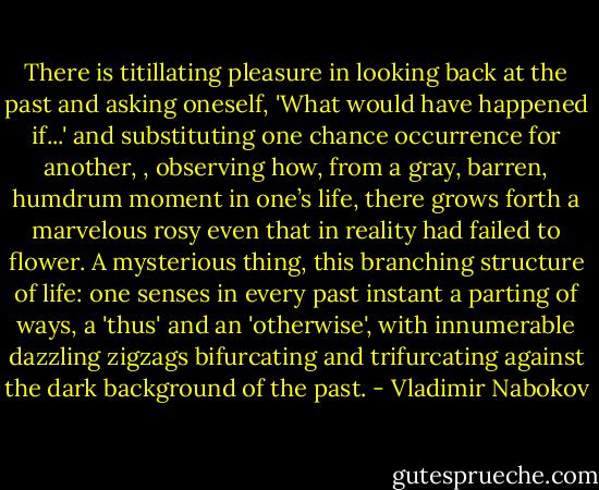 There is titillating pleasure in looking back at the past and asking oneself, 'What would have happened if...' and substituting one chance occurrence for another, , observing how, from a gray, barren, humdrum moment in one’s life, there grows forth a marvelous rosy even that in reality had failed to flower. A mysterious thing, this branching structure of life: one senses in every past instant a parting of ways, a 'thus' and an 'otherwise', with innumerable dazzling zigzags bifurcating and trifurcating against the dark background of the past. - Vladimir Nabokov