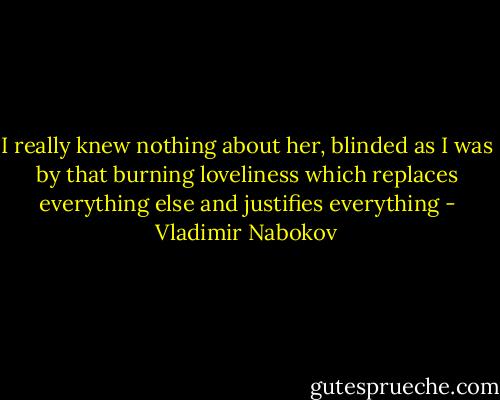 I really knew nothing about her, blinded as I was by that burning loveliness which replaces everything else and justifies everything - Vladimir Nabokov