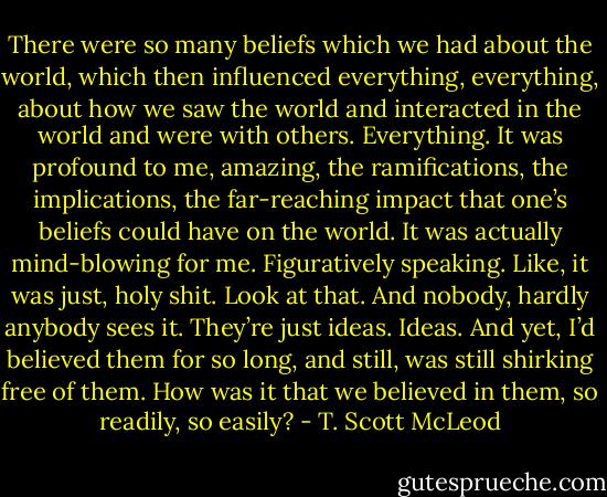 There were so many beliefs which we had about the world, which then influenced everything, everything, about how we saw the world and interacted in the world and were with others. Everything. It was profound to me, amazing, the ramifications, the implications, the far-reaching impact that one’s beliefs could have on the world. It was actually mind-blowing for me. Figuratively speaking. Like, it was just, holy shit. Look at that. And nobody, hardly anybody sees it. They’re just ideas. Ideas. And yet, I’d believed them for so long, and still, was still shirking free of them. How was it that we believed in them, so readily, so easily? - T. Scott McLeod