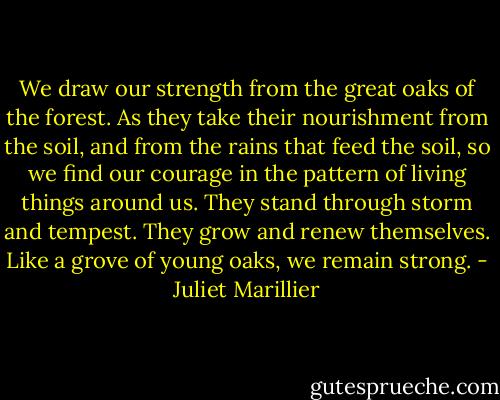 We draw our strength from the great oaks of the forest. As they take their nourishment from the soil, and from the rains that feed the soil, so we find our courage in the pattern of living things around us. They stand through storm and tempest. They grow and renew themselves. Like a grove of young oaks, we remain strong. - Juliet Marillier