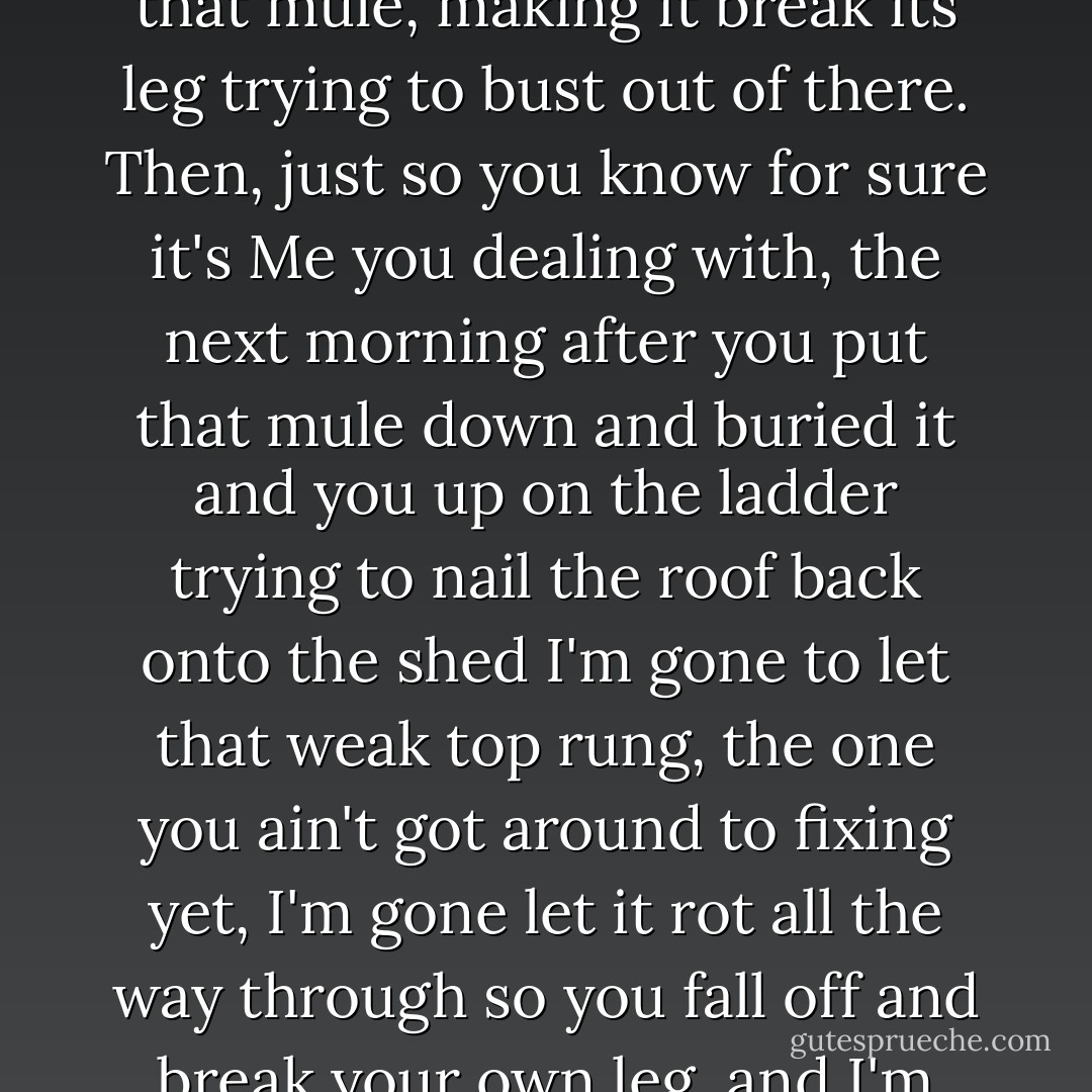 You been forgetting Who's in charge and who ain't. So here's what I'm gone do: I'm gone send a storm so big it rips the roof off the shed where you keep that mule you so proud of. Then I'm gone send hail big as walnuts down on that mule, making it break its leg trying to bust out of there. Then, just so you know for sure it's Me you dealing with, the next morning after you put that mule down and buried it and you up on the ladder trying to nail the roof back onto the shed I'm gone to let that weak top rung, the one you ain't got around to fixing yet, I'm gone let it rot all the way through so you fall off and break your own leg, and I'm gone to send Florence and Lilly Mae to a birthing and the twins out to the far end of the field so you laying there half the day. That'll give you time to think real hard on what I been trying to tell you. - Hillary Jordan