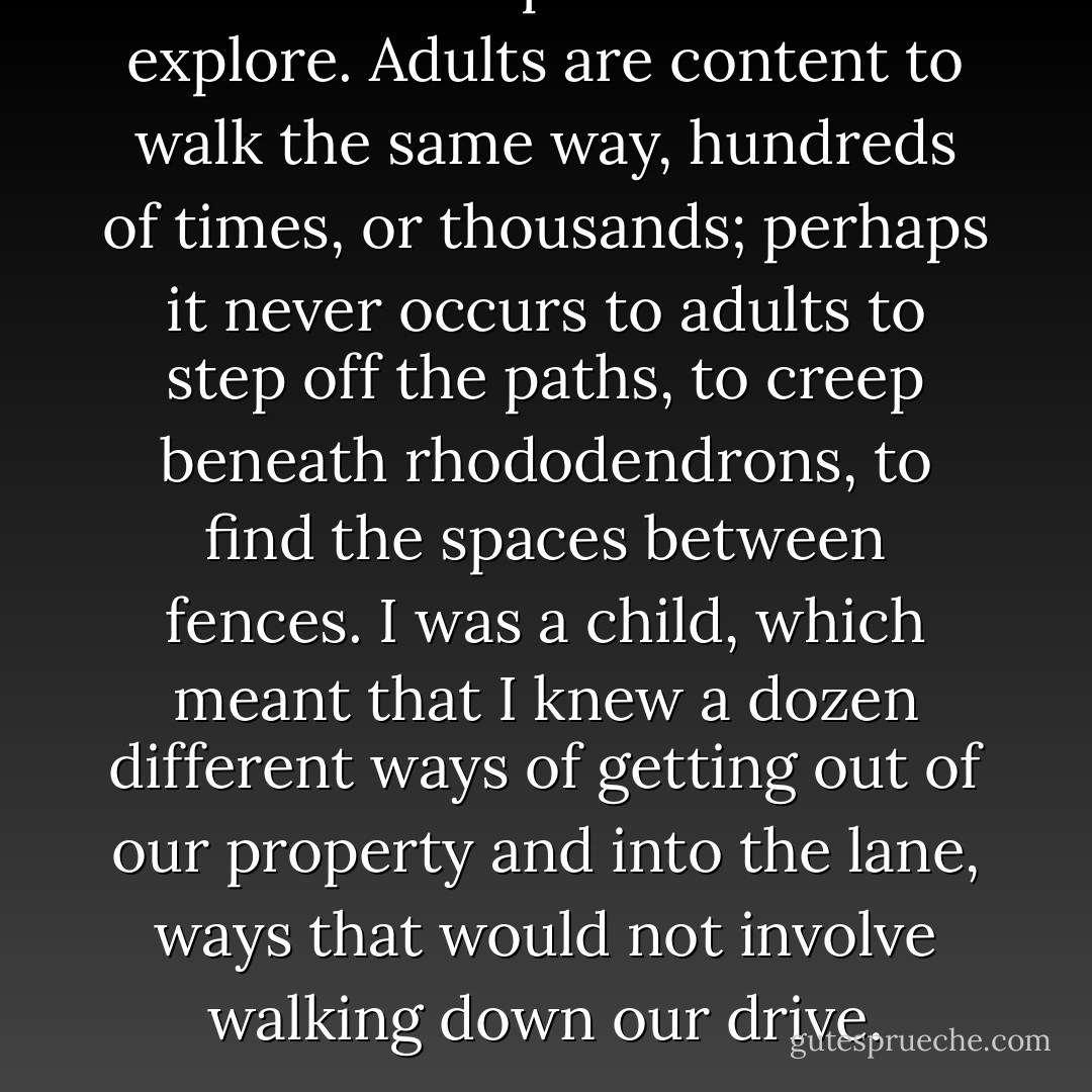 Adults follow paths. Children explore. Adults are content to walk the same way, hundreds of times, or thousands; perhaps it never occurs to adults to step off the paths, to creep beneath rhododendrons, to find the spaces between fences. I was a child, which meant that I knew a dozen different ways of getting out of our property and into the lane, ways that would not involve walking down our drive. - Neil Gaiman