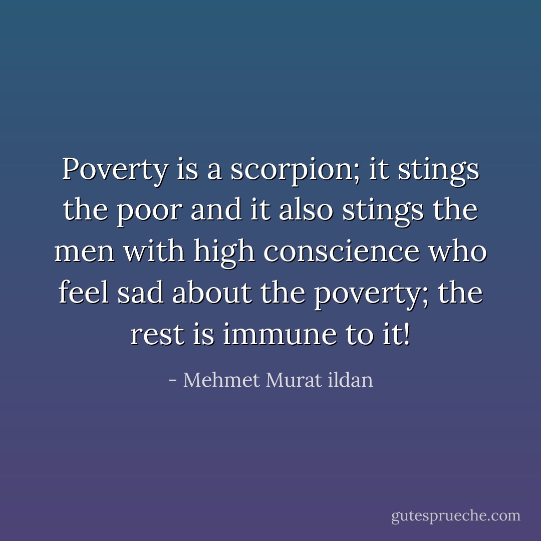 Poverty is a scorpion; it stings the poor and it also stings the men with high conscience who feel sad about the poverty; the rest is immune to it! - Mehmet Murat ildan