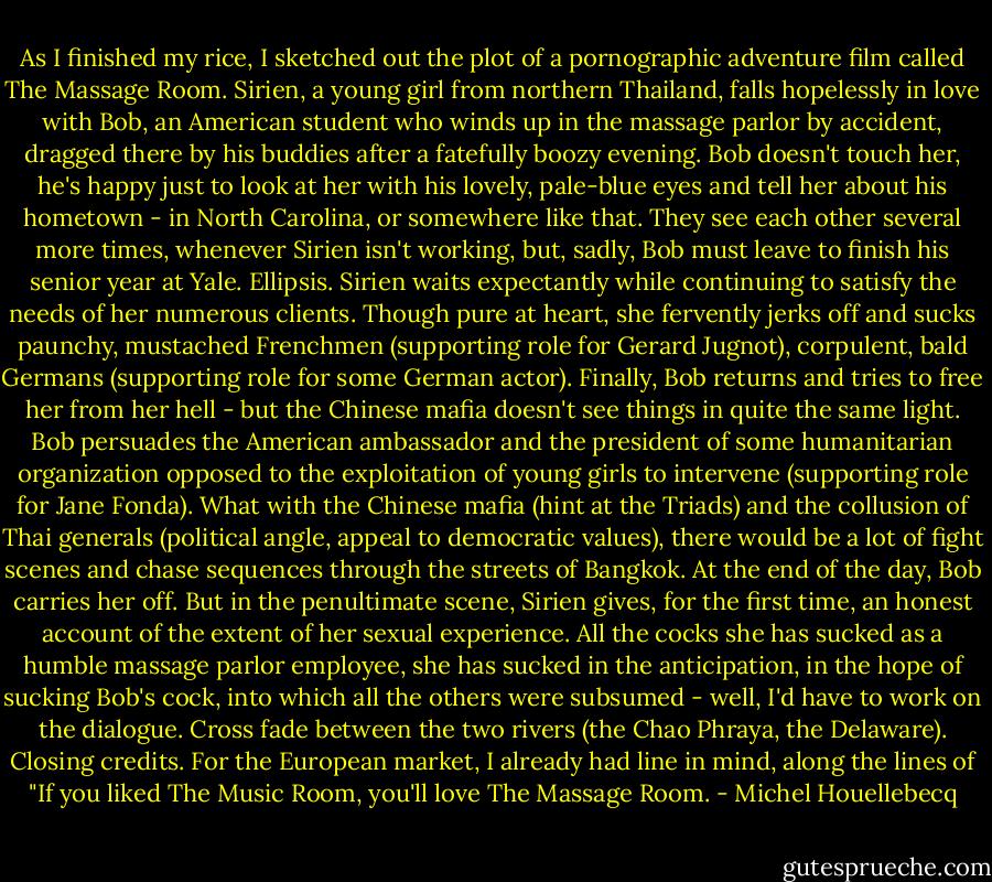 As I finished my rice, I sketched out the plot of a pornographic adventure film called The Massage Room. Sirien, a young girl from northern Thailand, falls hopelessly in love with Bob, an American student who winds up in the massage parlor by accident, dragged there by his buddies after a fatefully boozy evening. Bob doesn't touch her, he's happy just to look at her with his lovely, pale-blue eyes and tell her about his hometown - in North Carolina, or somewhere like that. They see each other several more times, whenever Sirien isn't working, but, sadly, Bob must leave to finish his senior year at Yale. Ellipsis. Sirien waits expectantly while continuing to satisfy the needs of her numerous clients. Though pure at heart, she fervently jerks off and sucks paunchy, mustached Frenchmen (supporting role for Gerard Jugnot), corpulent, bald Germans (supporting role for some German actor). Finally, Bob returns and tries to free her from her hell - but the Chinese mafia doesn't see things in quite the same light. Bob persuades the American ambassador and the president of some humanitarian organization opposed to the exploitation of young girls to intervene (supporting role for Jane Fonda). What with the Chinese mafia (hint at the Triads) and the collusion of Thai generals (political angle, appeal to democratic values), there would be a lot of fight scenes and chase sequences through the streets of Bangkok. At the end of the day, Bob carries her off. But in the penultimate scene, Sirien gives, for the first time, an honest account of the extent of her sexual experience. All the cocks she has sucked as a humble massage parlor employee, she has sucked in the anticipation, in the hope of sucking Bob's cock, into which all the others were subsumed - well, I'd have to work on the dialogue. Cross fade between the two rivers (the Chao Phraya, the Delaware). Closing credits. For the European market, I already had line in mind, along the lines of "If you liked The Music Room, you'll love The Massage Room. - Michel Houellebecq