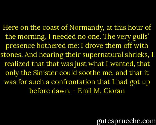 Here on the coast of Normandy, at this hour of the morning, I needed no one. The very gulls’ presence bothered me: I drove them off with stones. And hearing their supernatural shrieks, I realized that that was just what I wanted, that only the Sinister could soothe me, and that it was for such a confrontation that I had got up before dawn. - Emil M. Cioran