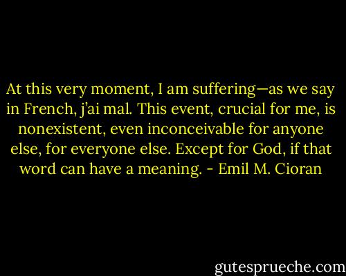 At this very moment, I am suffering—as we say in French, j’ai mal. This event, crucial for me, is nonexistent, even inconceivable for anyone else, for everyone else. Except for God, if that word can have a meaning. - Emil M. Cioran
