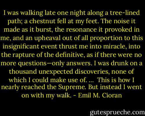 I was walking late one night along a tree-lined path; a chestnut fell at my feet. The noise it made as it burst, the resonance it provoked in me, and an upheaval out of all proportion to this insignificant event thrust me into miracle, into the rapture of the definitive, as if there were no more questions—only answers. I was drunk on a thousand unexpected discoveries, none of which I could make use of. …<br /> This is how I nearly reached the Supreme. But instead I went on with my walk. - Emil M. Cioran
