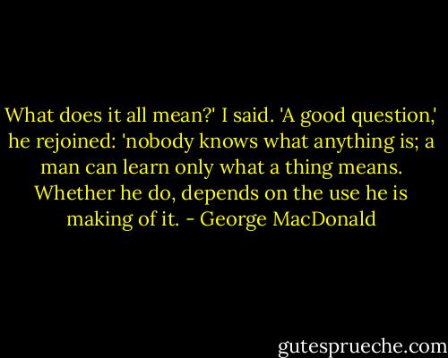 What does it all mean?' I said.<br />'A good question,' he rejoined: 'nobody knows what anything is; a man can learn only what a thing means. Whether he do, depends on the use he is making of it. - George MacDonald