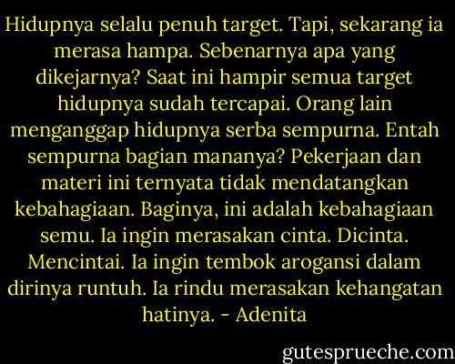 Hidupnya selalu penuh target. Tapi, sekarang ia merasa hampa. Sebenarnya apa yang dikejarnya? Saat ini hampir semua target hidupnya sudah tercapai. Orang lain menganggap hidupnya serba sempurna. Entah sempurna bagian mananya? Pekerjaan dan materi ini ternyata tidak mendatangkan kebahagiaan. Baginya, ini adalah kebahagiaan semu. Ia ingin merasakan cinta. Dicinta. Mencintai. Ia ingin tembok arogansi dalam dirinya runtuh. Ia rindu merasakan kehangatan hatinya. - Adenita