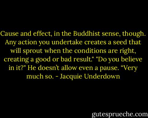 Cause and effect, in the Buddhist sense, though. Any action you undertake creates a seed that will sprout when the conditions are right, creating a good or bad result."<br />"Do you believe in it?"<br />He doesn’t allow even a pause. “Very much so. - Jacquie Underdown