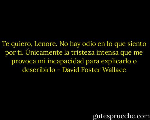 Te quiero, Lenore. No hay odio en lo que siento por ti. Únicamente la tristeza intensa que me provoca mi incapacidad para explicarlo o describirlo - David Foster Wallace