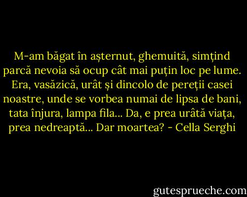 M-am băgat în așternut, ghemuită, simțind parcă nevoia să ocup cât mai puțin loc pe lume. Era, vasăzică, urât și dincolo de pereții casei noastre, unde se vorbea numai de lipsa de bani, tata înjura, lampa fila... Da, e prea urâtă viața, prea nedreaptă... Dar moartea? - Cella Serghi