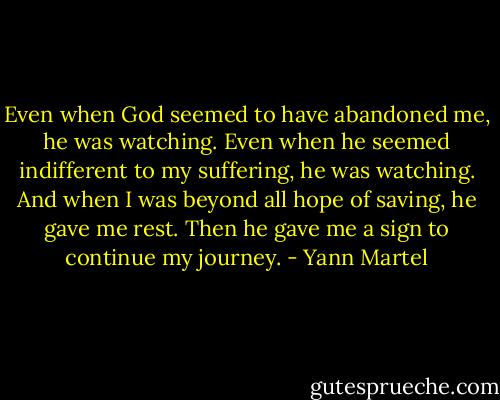 Even when God seemed to have abandoned me, he was watching. Even when he seemed indifferent to my suffering, he was watching. And when I was beyond all hope of saving, he gave me rest. Then he gave me a sign to continue my journey. - Yann Martel