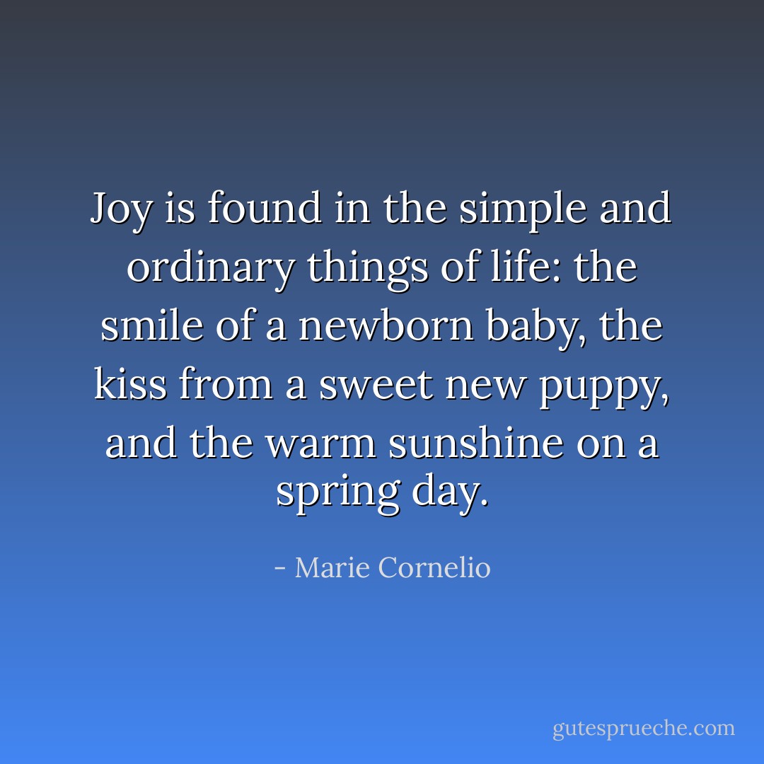 Joy is found in the simple and ordinary things of life: the smile of a newborn baby, the kiss from a sweet new puppy, and the warm sunshine on a spring day. - Marie Cornelio