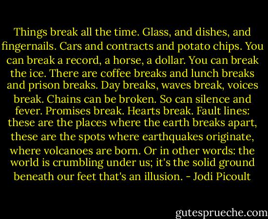 Things break all the time. Glass, and dishes, and fingernails. Cars and contracts and potato chips. You can break a record, a horse, a dollar. You can break the ice. There are coffee breaks and lunch breaks and prison breaks. Day breaks, waves break, voices break. Chains can be broken. So can silence and fever. Promises break. Hearts break. Fault lines: these are the places where the earth breaks apart, these are the spots where earthquakes originate, where volcanoes are born. Or in other words: the world is crumbling under us; it's the solid ground beneath our feet that's an illusion. - Jodi Picoult