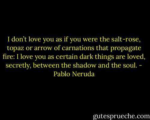 I don’t love you as if you were the salt-rose, topaz<br />or arrow of carnations that propagate fire:<br />I love you as certain dark things are loved,<br />secretly, between the shadow and the soul. - Pablo Neruda