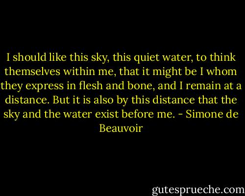 I should like this sky, this quiet water, to think themselves within me, that it might be I whom they express in flesh and bone, and I remain at a distance. But it is also by this distance that the sky and the water exist before me. - Simone de Beauvoir