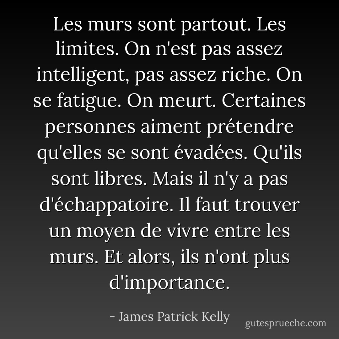 Les murs sont partout. Les limites. On n'est pas assez intelligent, pas assez riche. On se fatigue. On meurt. Certaines personnes aiment prétendre qu'elles se sont évadées. Qu'ils sont libres. Mais il n'y a pas d'échappatoire. Il faut trouver un moyen de vivre entre les murs. Et alors, ils n'ont plus d'importance. - James Patrick Kelly