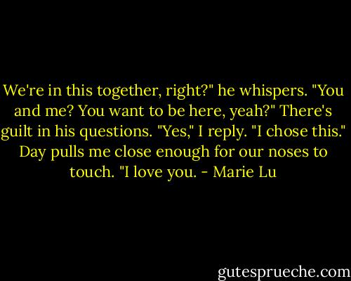 We're in this together, right?" he whispers. "You and me? You want to be here, yeah?" There's guilt in his questions. "Yes," I reply. "I chose this." Day pulls me close enough for our noses to touch. "I love you. - Marie Lu